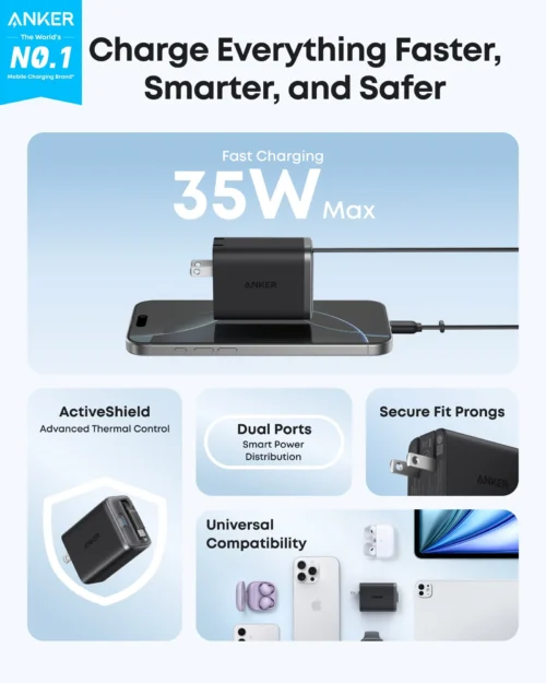 Cargador retractil Anker Nano 35W dual USB-C cable integrado InstaCord El Salvador Mosqueteros Store