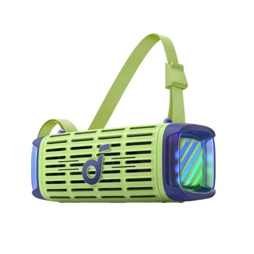 01_89485fce-f93a-4c77-a619-76dbf8944a05 Bright green Soundcore portable speaker with a lime strap and vented front grille.