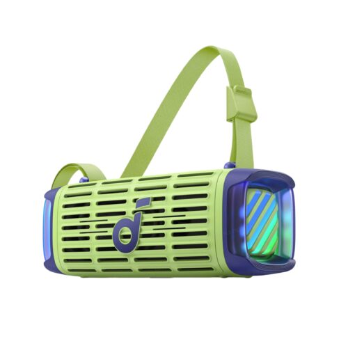 01_89485fce-f93a-4c77-a619-76dbf8944a05 Bright green Soundcore portable speaker with a lime strap and vented front grille.