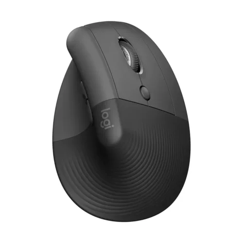 Ergonomic vertical mouse with a curved palm rest and scroll wheel, dark gray with a Logi logo on the side button area
