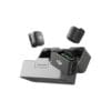 Floating DJI drone controller parts and accessories, including a screen, joysticks, and modular mounts showing the DJI logo.