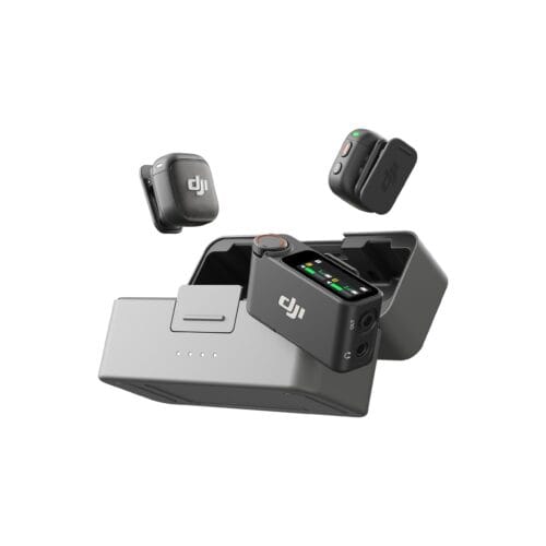 Floating DJI drone controller parts and accessories, including a screen, joysticks, and modular mounts showing the DJI logo.