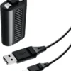 1b78cd56-23e2-4b8b-8f1d-21fb0e3e8402 Black portable power bank with a textured grip and a USB-A to USB-C charging cable attached.