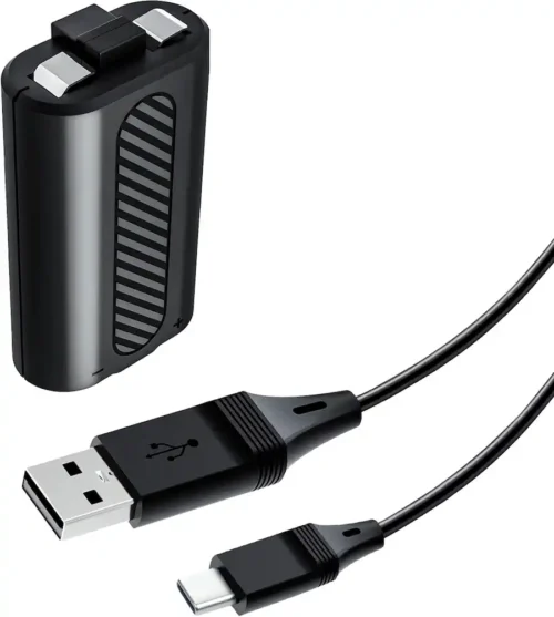 1b78cd56-23e2-4b8b-8f1d-21fb0e3e8402 Black portable power bank with a textured grip and a USB-A to USB-C charging cable attached.