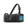 soundcore-boom-3i-bocina-bluetooth-el-salvador.jpg Close-up of a black gaming headset with a fabric head strap and vented front, showing blue-green lighting.