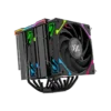 PCIe graphics card with a large central fan and colorful RGB lighting on the cooling shroud.