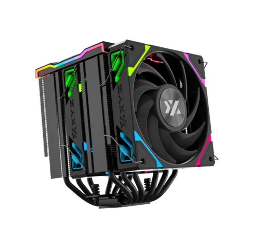 PCIe graphics card with a large central fan and colorful RGB lighting on the cooling shroud.
