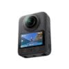Close-up of a gray action camera with a large lens and a touchscreen showing a water-sport scene.