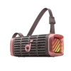 soundcore-boom-3i-bocina-bluetooth-el-salvador.jpg Close-up of a pink and gray handheld device with a vented body and a woven strap looping over its top, featuring a small 'soundcore' label on the strap.