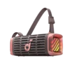 soundcore-boom-3i-bocina-bluetooth-el-salvador.jpg Close-up of a pink and gray handheld device with a vented body and a woven strap looping over its top, featuring a small 'soundcore' label on the strap.