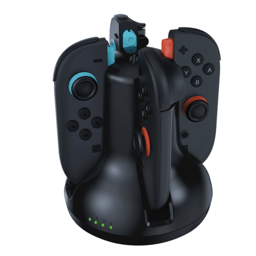 nintendo-switch-el-salvador-next-charging-dock-joycon Charging dock for two wireless game controllers with status LEDs showing charging in progress