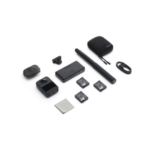 Assorted photography accessories laid out on a white surface, including a black Osmo case, batteries, charger, cables, and a small action camera body.