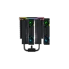 RGB-lit CPU cooler with multiple black heatsinks and curved tubes, shown against a black background.