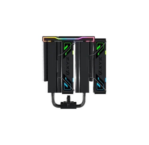 RGB-lit CPU cooler with multiple black heatsinks and curved tubes, shown against a black background.