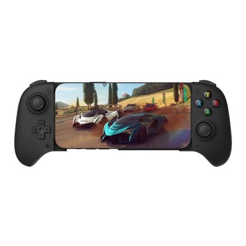 Handheld gaming console displaying a car racing game with three colorful cars on a dirt track.