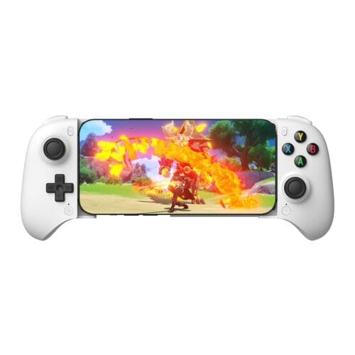 control-8bitdo-ultimate-mobile-gaming White handheld game console in landscape orientation showing a vibrant fantasy battle on screen with a fiery explosion. Left side features a D-pad and joystick; right side has colored action buttons.