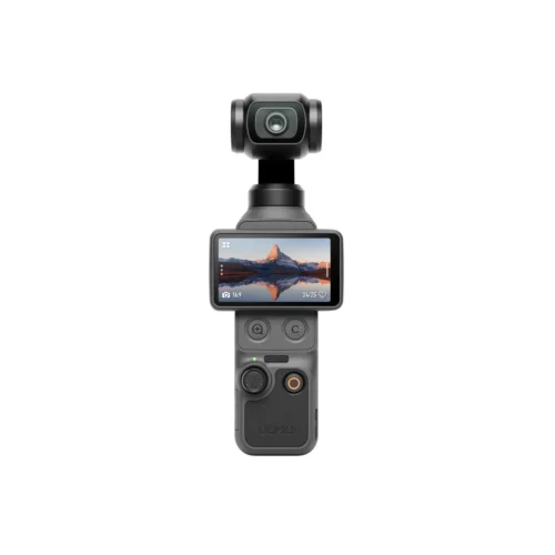 Handheld gimbal stabilizer with a small camera mounted on top and a touchscreen displaying a mountain landscape—Osmo-style device