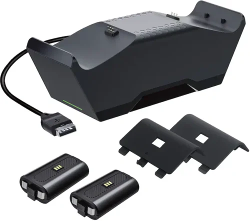 80235f71-711a-4ad8-a701-f01c63519df2 Black multi-bay rechargeable battery charger with two removable battery packs, USB connector, and two battery holders shown.