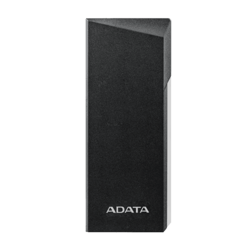 Tall black ADATA portable SSD standing upright with subtle silver edges at the sides