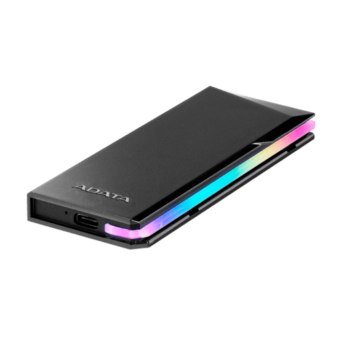 Black ADATA portable SSD with RGBLED edge lighting on the side.