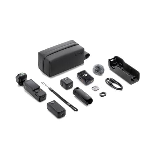 Assorted DJI Osmo accessories spread on a white background, including a gray carrying case, mounts, cables, and adapters.