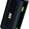 9ae125f2-490a-46b3-8d14-690b7d923cfb Black rechargeable camera battery with gold contact terminals and green indicators on the sides.