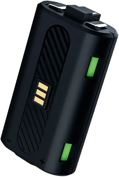 9ae125f2-490a-46b3-8d14-690b7d923cfb Black rechargeable camera battery with gold contact terminals and green indicators on the sides.