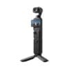 DJI Osmo handheld gimbal with a small camera mounted on top and fold-out tripod legs visible below on a white background.