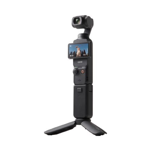 DJI Osmo handheld gimbal with a small camera mounted on top and fold-out tripod legs visible below on a white background.