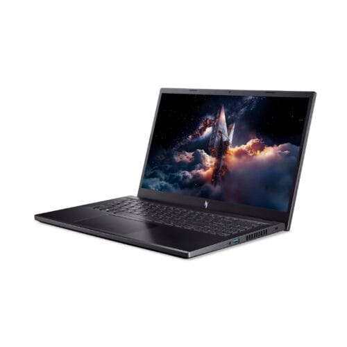 Laptop open at an angle displaying a space-themed wallpaper with stars and a spacecraft on the screen, keyboard visible below