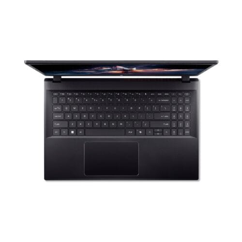 Open laptop seen from above, keyboard in the foreground and screen displaying a space-themed image, angled upward on a white background.