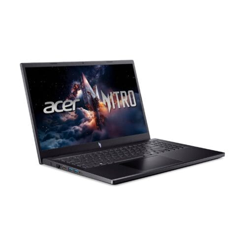 Acer Nitro gaming laptop open, displaying a space-themed wallpaper with stars and a bold 'acer nitro' text on the screen