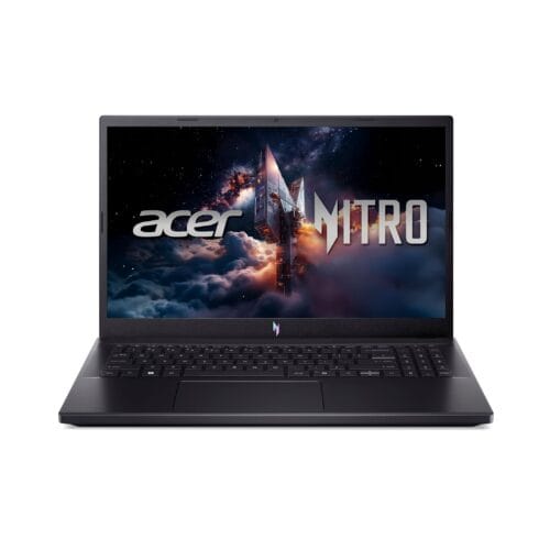 Acer Nitro gaming laptop open to a space-themed wallpaper with a rocket in the center.