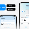 Cudy_App_Mobile Cudy app promo: blue square app icon with 'cudy', Google Play and App Store badges, and two iPhone screens showing a network dashboard with a mesh router interface.