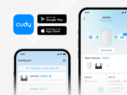 Cudy_App_Mobile Cudy app promo: blue square app icon with 'cudy', Google Play and App Store badges, and two iPhone screens showing a network dashboard with a mesh router interface.