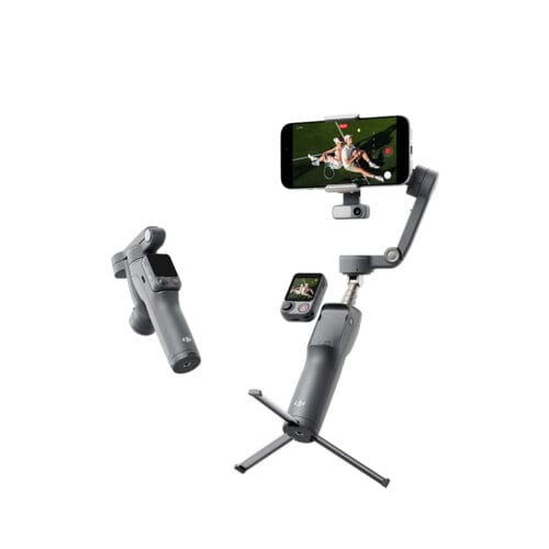 DJI-Osmo-Mobile-8P-Img-Web-Prod-AdvTrack-Combo-09 DJI smartphone gimbal stabilizer with a phone mounted for smooth video, legs extended like a small tripod.