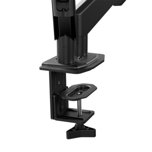 Black adjustable desk-mounted monitor arm with a VESA mounting plate and tightening screw, ready to attach a screen