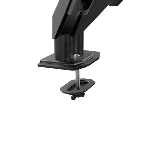 Desk monitor arm clamp with threaded mounting rod and base plate for desk attachment, shown in black and gray versions.