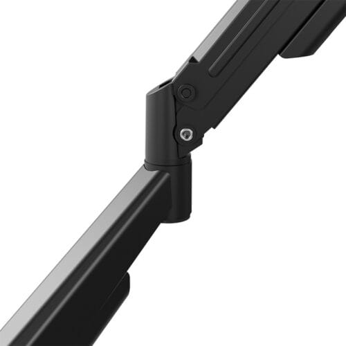 Close-up of a black adjustable monitor arm hinge and pivot bolt.