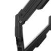 Close-up of a black adjustable hinge on a metal stand, showing joints and a locking bolt.