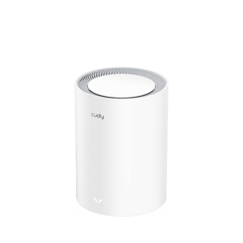 White cylindrical air purifier with a vented circular top and a subtle 'cudy' logo on the side