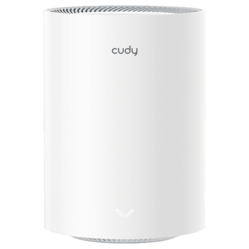 White cylindrical Wi‑Fi router/access point with a subtle Cudy logo, upright and vented top. A small illuminated chevron indicator is near the base.