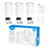 Three white mesh Wi‑Fi 6 nodes with power adapters and cables, plus quick install guide and white Ethernet cable, packaging box in background.