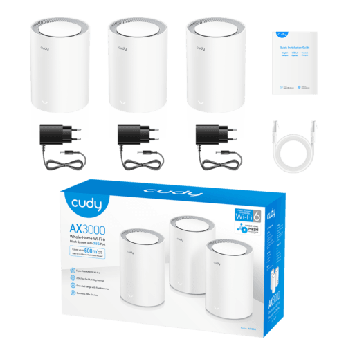 Three white mesh Wi‑Fi 6 nodes with power adapters and cables, plus quick install guide and white Ethernet cable, packaging box in background.