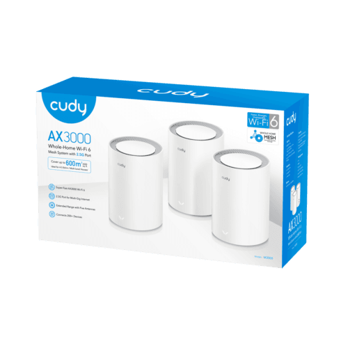 Cudy AX3000 Whole-Home Wi‑Fi 6 mesh system box with three white cylindrical routers.