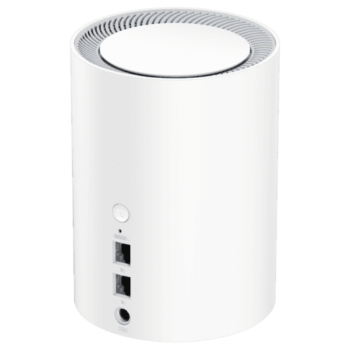 White cylindrical air purifier with a perforated circular vent on top and control area on the side.