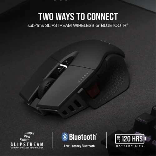 Close-up of a black gaming mouse on a desk, highlighting dual wireless options: Slipstream wireless or Bluetooth (two ways to connect).