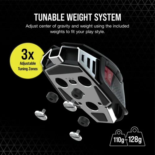 Tunable weight system with three adjustable zones for balancing, shown with weights and bolts to customize center of gravity (110–128 g).