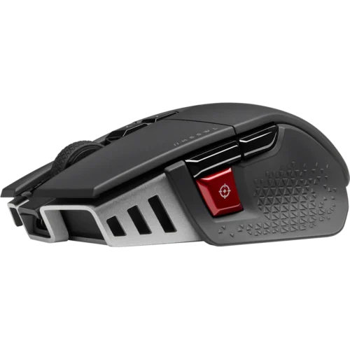 Gaming mouse with multiple side buttons and a red sniper button on the side grip, ergonomic matte black design