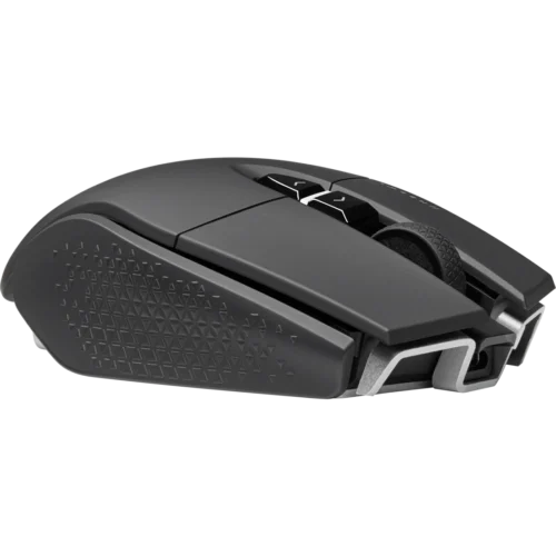Dark gray gaming mouse with textured side grip, two side buttons, and a scroll wheel